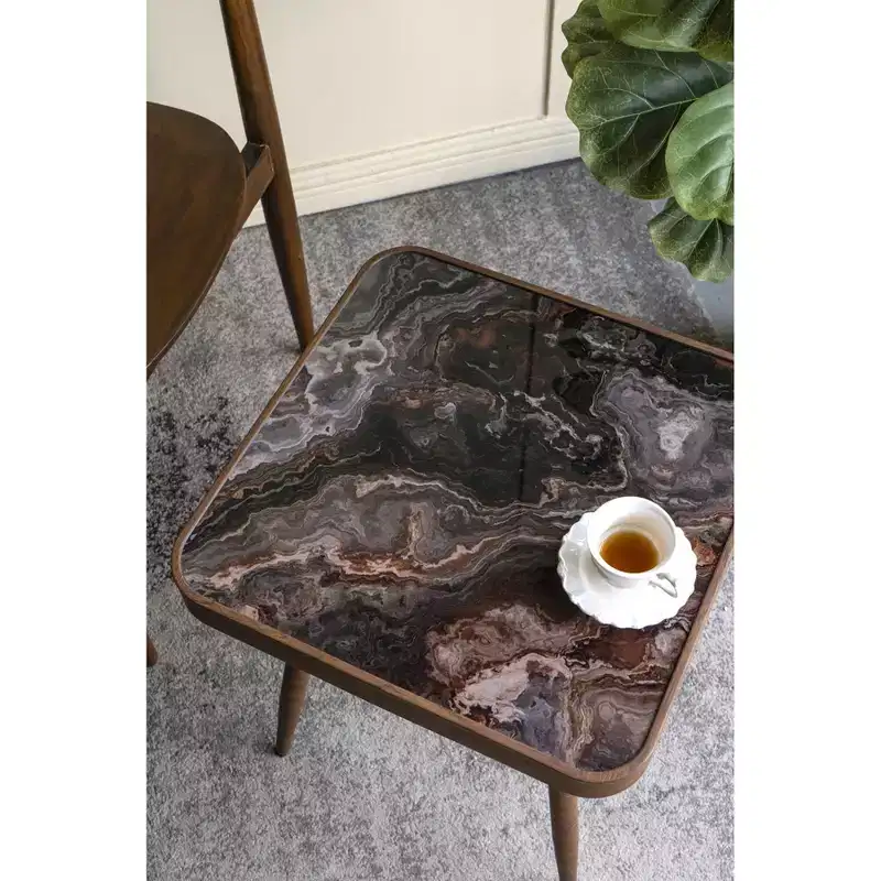 Square Side Table with Glass Top Marbled Design and Gold Iron Legs 17.3x17.3x18