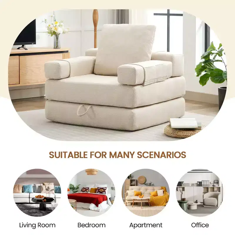 Fold-Down Convertible Sleeper Sofa Chair with Removable Armrests & Washable Cover