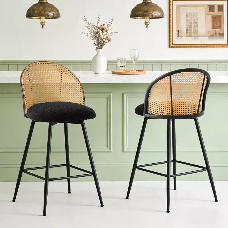 Bekrvio 26 Mid-Century Modern Swivel Bar Stools Set of 2/3/4, Boucle Upholstered Bar Chairs with Rattan Back & Metal Legs for Kitchen Counter