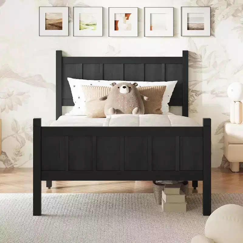 Twin/Full/Queen Size Bed Frame with Headboard & Footboard, Farmhouse Platform Bed, Wood Slats Support, Walnut - ModernLuxe