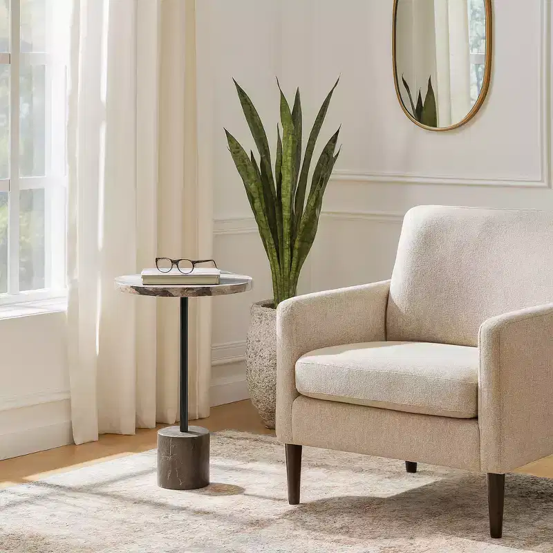 Side Table with Round Marble Top and Decorative Base - Modern Accent Piece for Small Spaces, Room Decor, and Home Decor - 21, Black & Brown