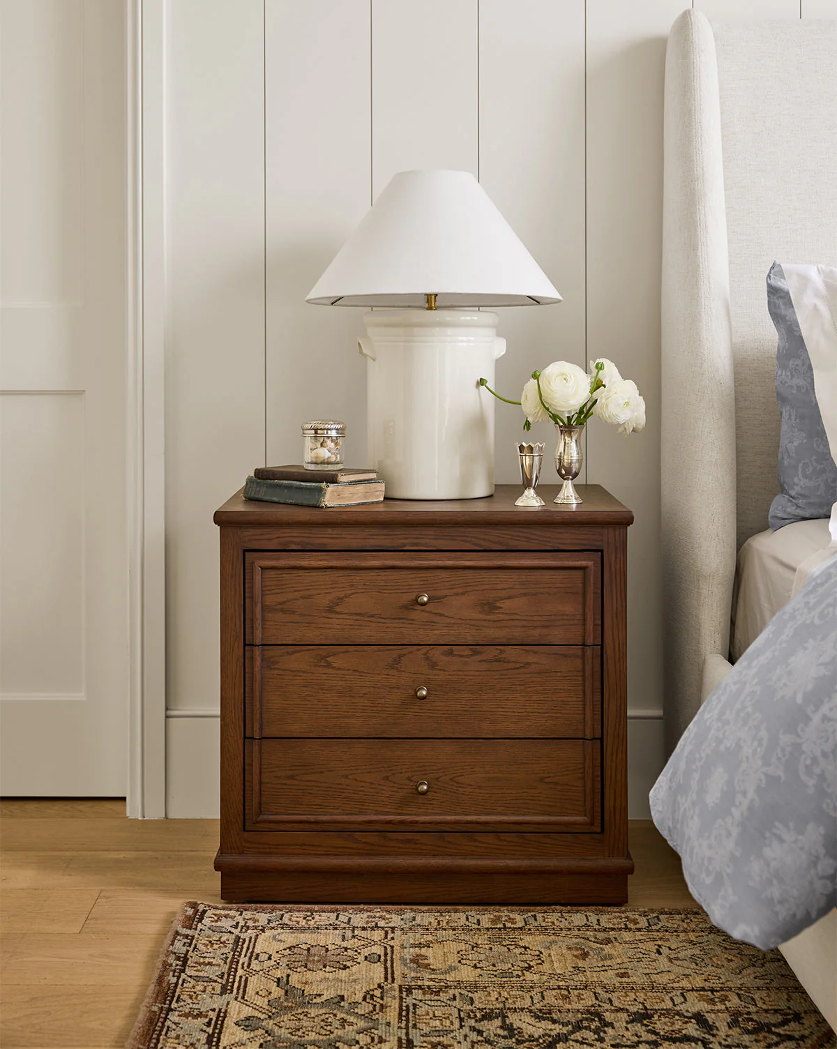 Classic English Oak Nightstand with Antique Brass Pulls for Bedroom