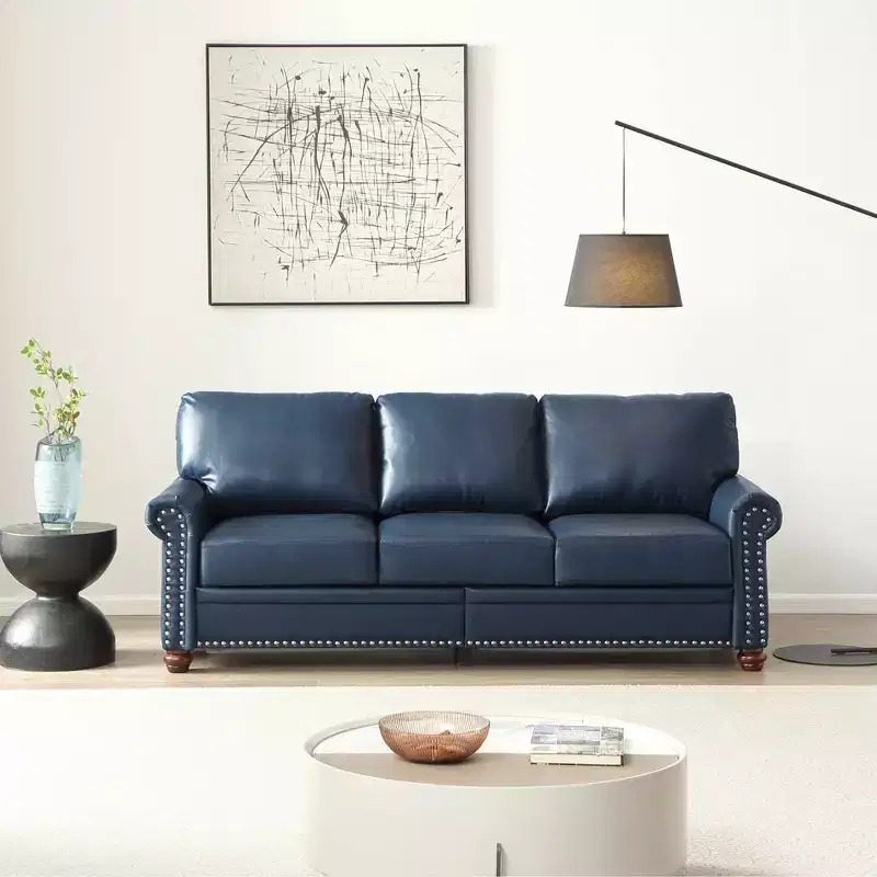 3-Seat Sofa with Round Arm Silver Nails, Faux Leather Couch for Living Room and Office, Navy Blue