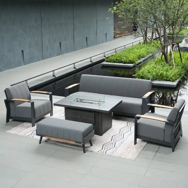 5-Piece Patio Acrylic Sponge Chat Set with Fire Pit Table and Bench