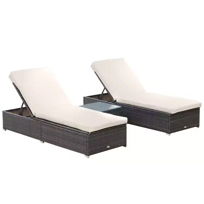 Chaise Lounge Chair Set of 2 with 5 Angle Backrest, Outdoor Coffee Table, Water Repellent Cushions, PE Rattan Wicker Poolside Chairs