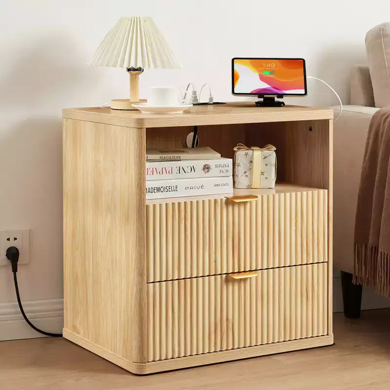 Fluted Nightstand with Charging Station, 23 Wide 2 Drawers End Table, Farmhouse Bed Side Tables, Wood Dresser for Bedroom, Living Room, Closet