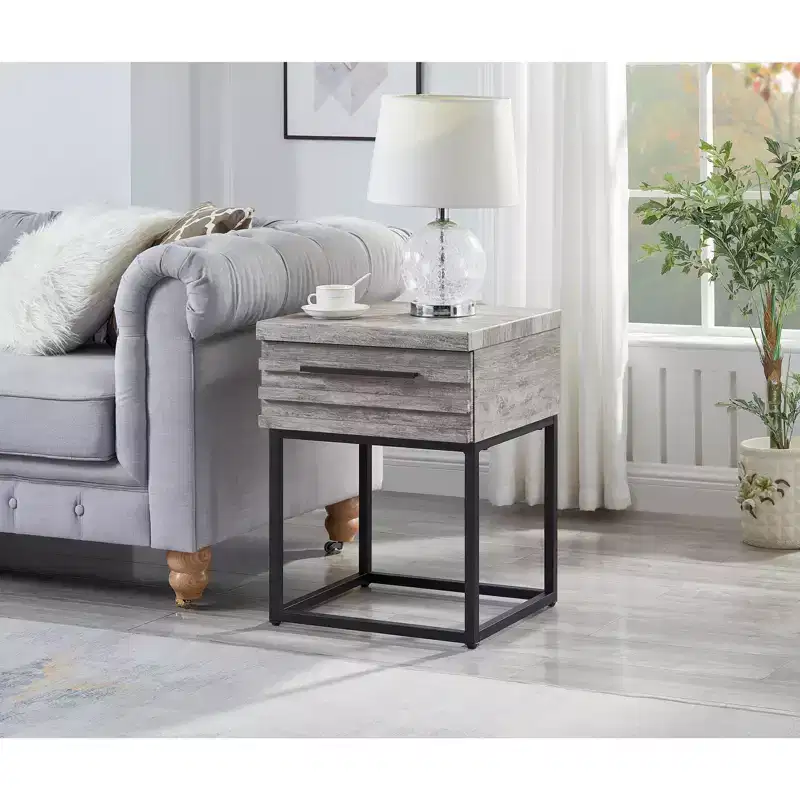 Okak Rustic Side Table with Storage Drawer and Metal Legs, End Table with Thick Tabletop, Accent Table for Sofa Side, Living Room, Bedroom