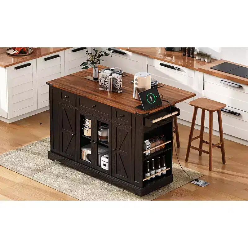 53'' Kitchen Island with ,Rolling Kitchen Island on Wheels with 5 Open Side Racks and 3 Drawers, Kitchen Cart for Dining Room
