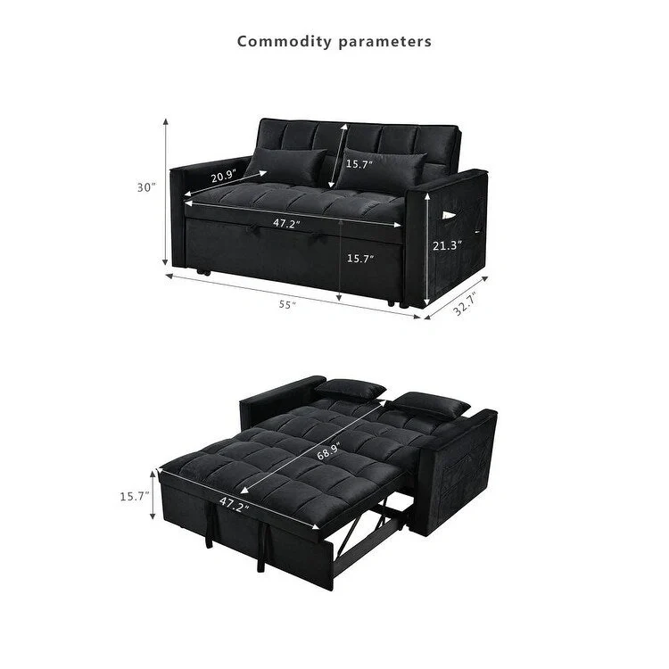 Modern Velvet Loveseat Futon Sofa Couch Pullout Bed, Small Love Seat Lounge Sofa w/Reclining Backrest, Toss Pillows, Pockets