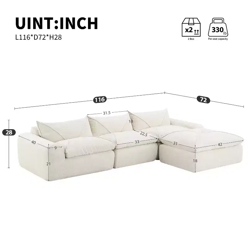Whisen 116 Modular 4-Seat Sofa Bed, Spacious Foam Filled, Elderly/Baby Safe, No Assembly, Free Combination
