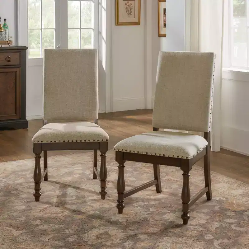 Traditional Upholstered Dining Chairs Set of 2, Nailhead Trim, Beige Fabric, 250 lb