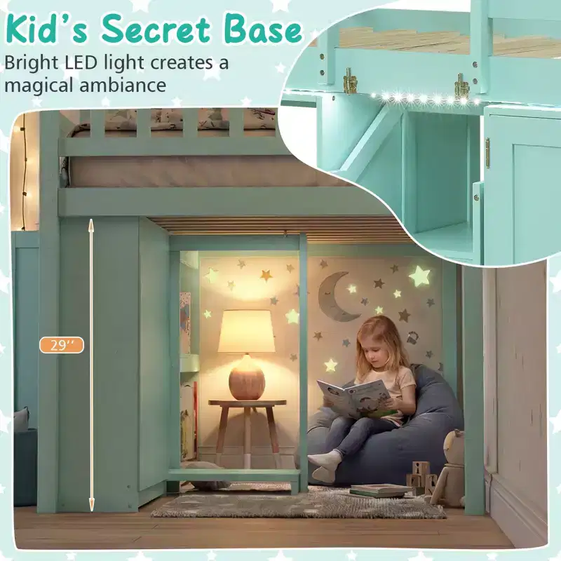Twin Low Loft Bed with LED Light, Stairs & Guardrails, Modern Pine Wood Kids Bed, White/Mint/Gray
