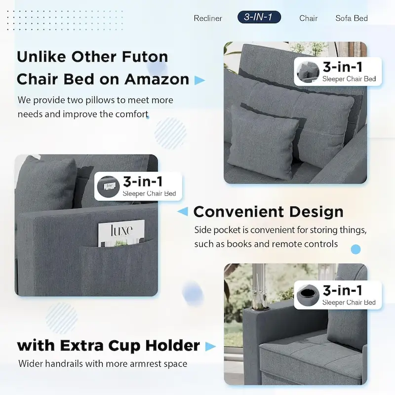 Adjustable Sleeper Chair Bed, 3-in-1 Convertible, Multiple Colors, Fits 1 Person