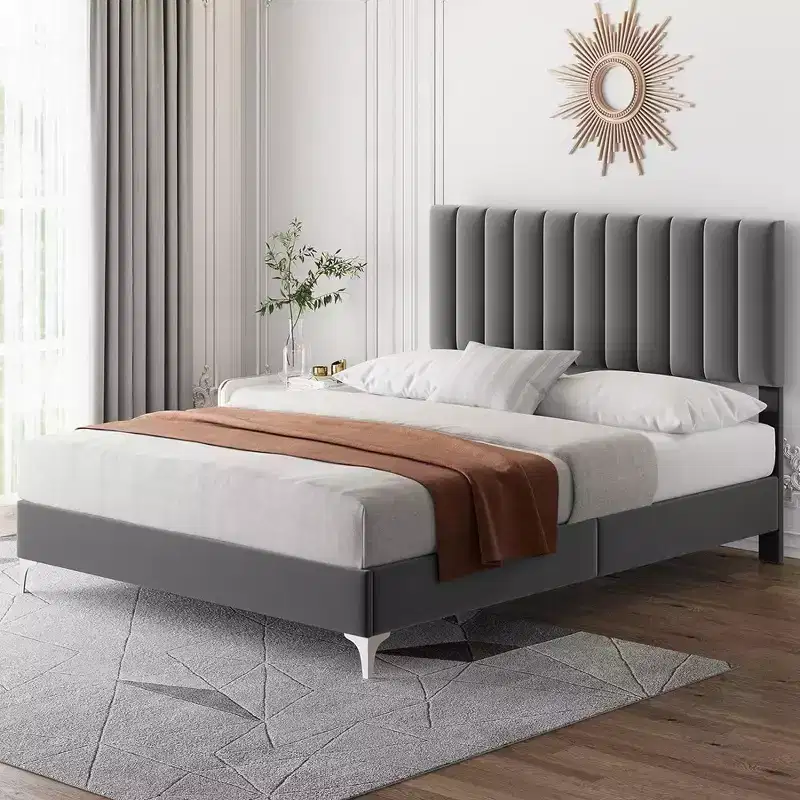 Velvet Upholstered Platform Bed Frame with Headboard, No Box Spring, 800 lb Cap