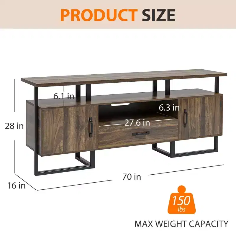70 Inch Industrial TV Stand, Entertainment Center with Storage & Drawer for Living Room, Rustic Brown