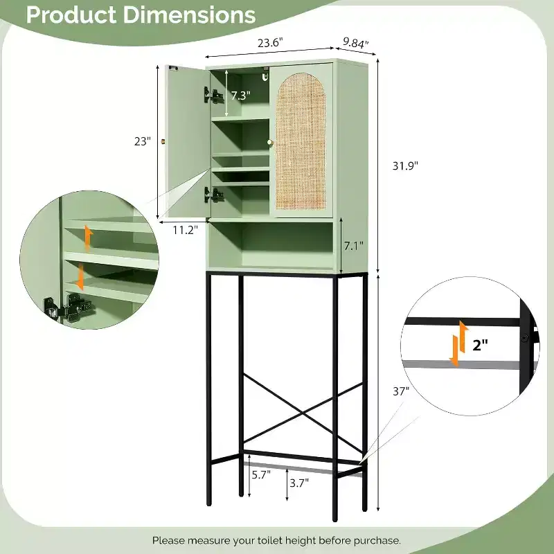 VINGLI Over The Toilet Storage Cabinet, Sage Green Bathroom Organizer Over Toilet with Arched Rattan Doors, Freestanding Space Saver Rack