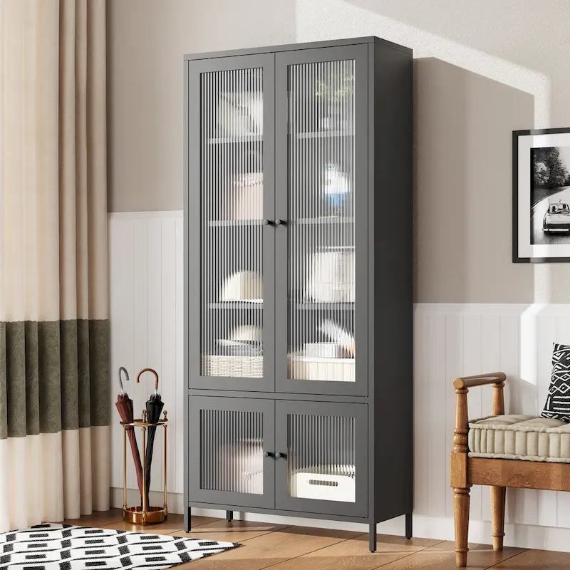 Black / Dark Fluted Glass Door Metal Storage Cabinet, 5 Shelves, 1-Person Assembly