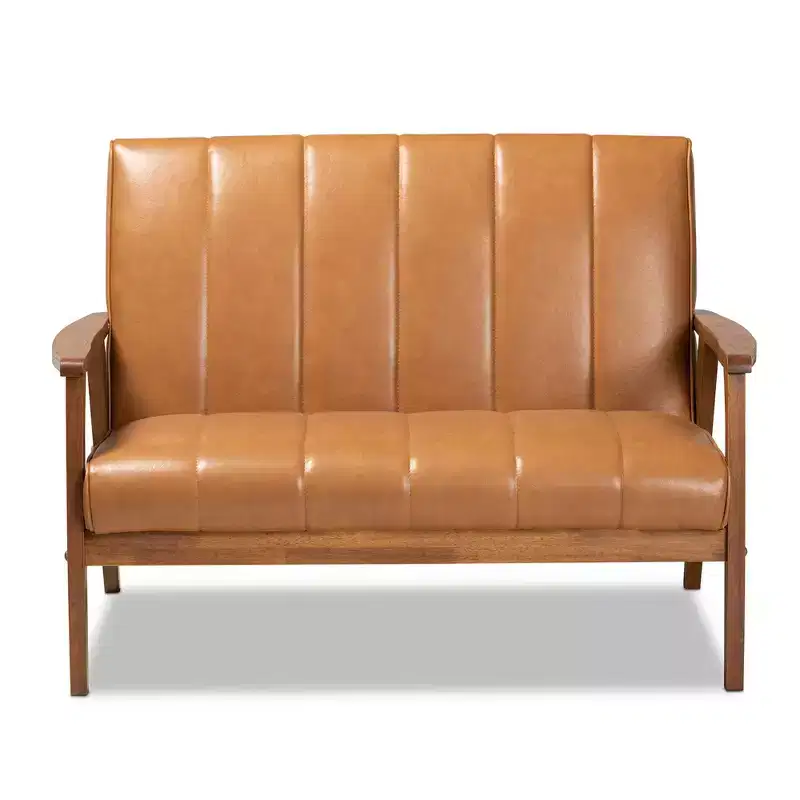 Baxton Studio Nikko Mid-Century Faux Leather Upholstered Wood Loveseat Walnut/Brown : 2-Seater, Tufted Back, Wooden Frame