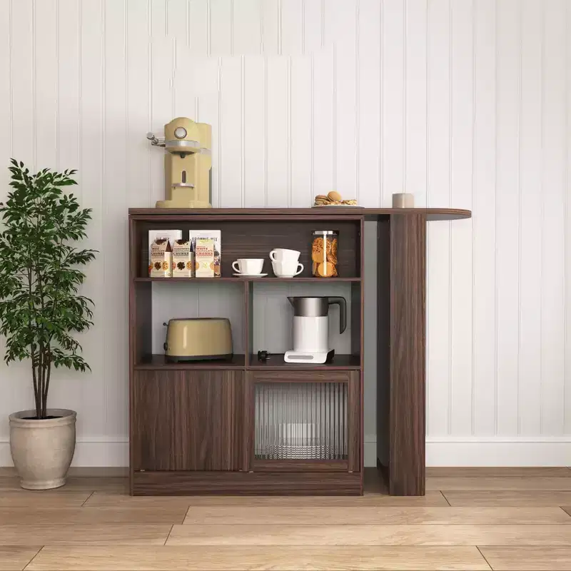 Counter Height Dining Cabinet with Storage, Ribbed Glass Door, and Rotating Top with 3 Shelves, Modern Bar Cabinet for Dining Room and Living Room