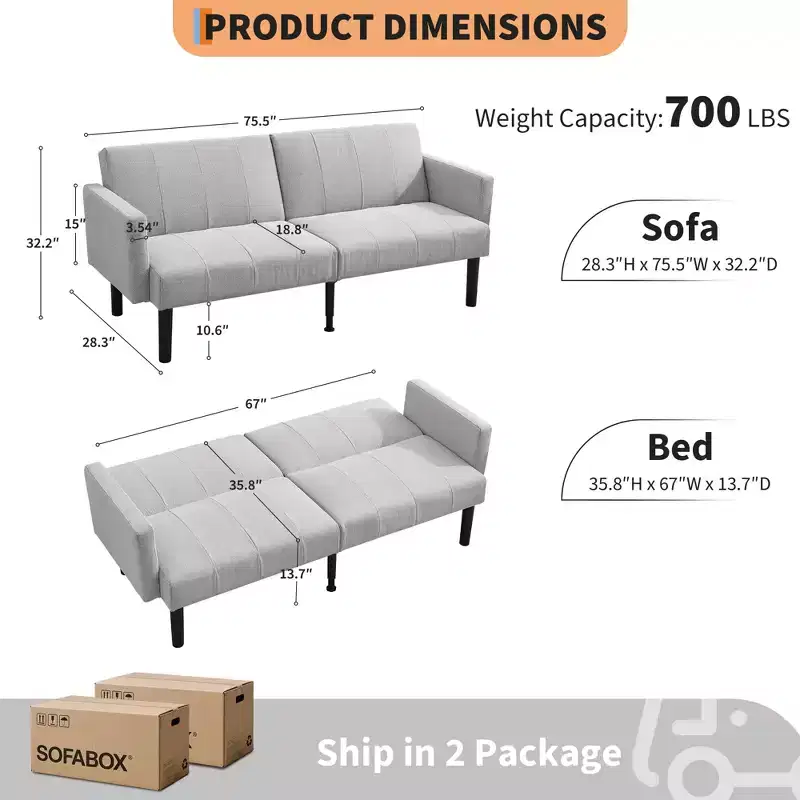 Sofa Bed Futon - 2 Seater 3-Position Adjustable Convertible Settee, 700lb Capacity, Linen Fabric, Space-Saving for Apartments