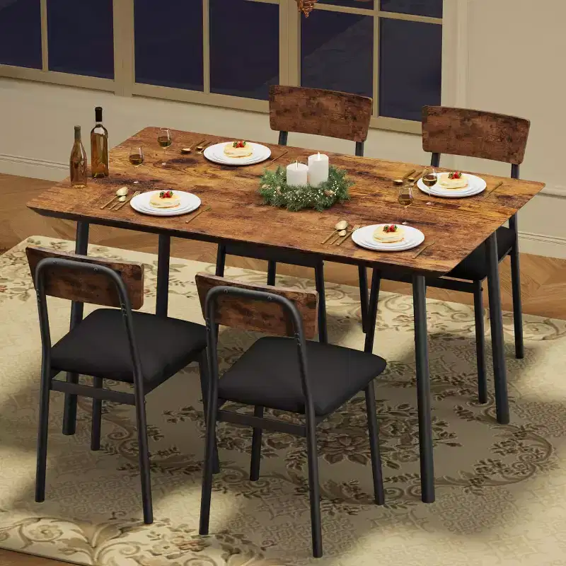 Dining Table Set with 4 Upholstered Chairs, Beveled Edge Design, Wood Kitchen Table Chairs Set of 4 for Dining, Kitchen Room, Apartmen