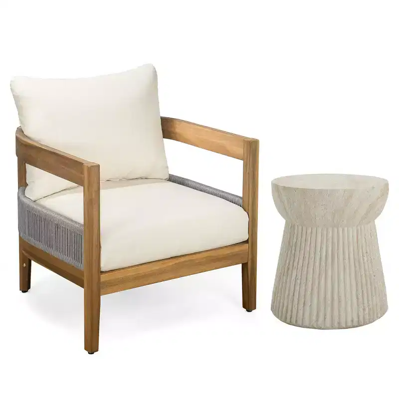 Whisen 1 Piece Outdoor Acacia Wood Club Chair and Side Table, Patio Lounge Chair with Cushions - Beige