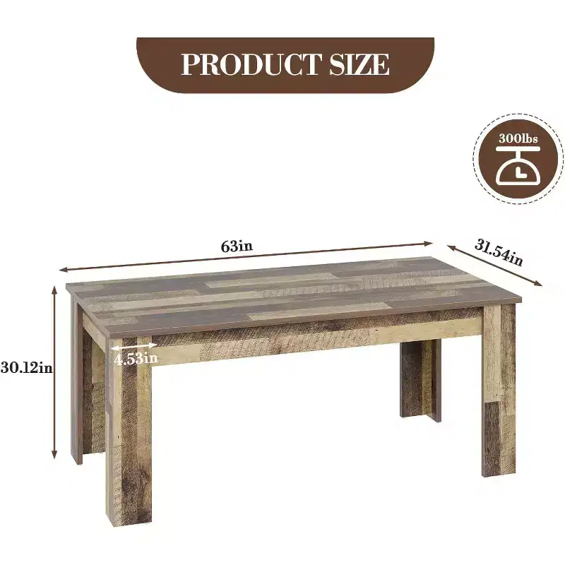 Dining table, farmhouse style, seats 4-6 people, 63 inches, rectangular, wooden, suitable for dining room and kitchen.