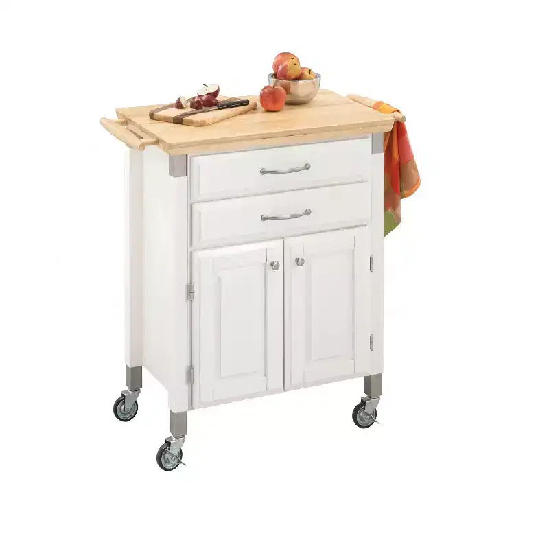 Home Styles Small Dolly Madison Kitchen Cart with Natural Top Off White: Mobile Storage, Hardwood Frame, 2 Drawers & Doors