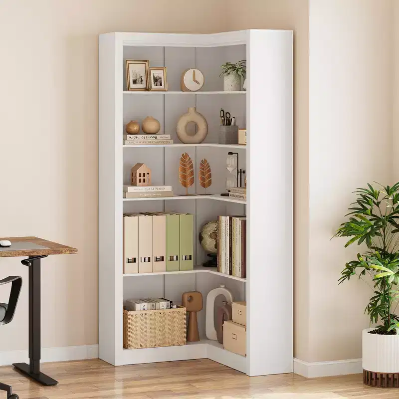 Tall Corner Bookshelf, 5 Tier L-Shaped Bookshelf, Farmhouse Bookcases with Storage for Living Room Home Office,White