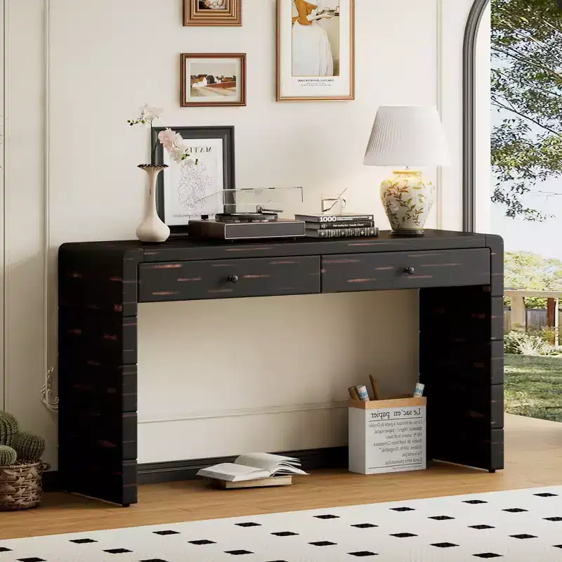Curved Console Table with Storage, Wooden Entryway Table with 2 Drawers, Farmhouse Rustic Console Tables for Entryway, Hallway, Living Room