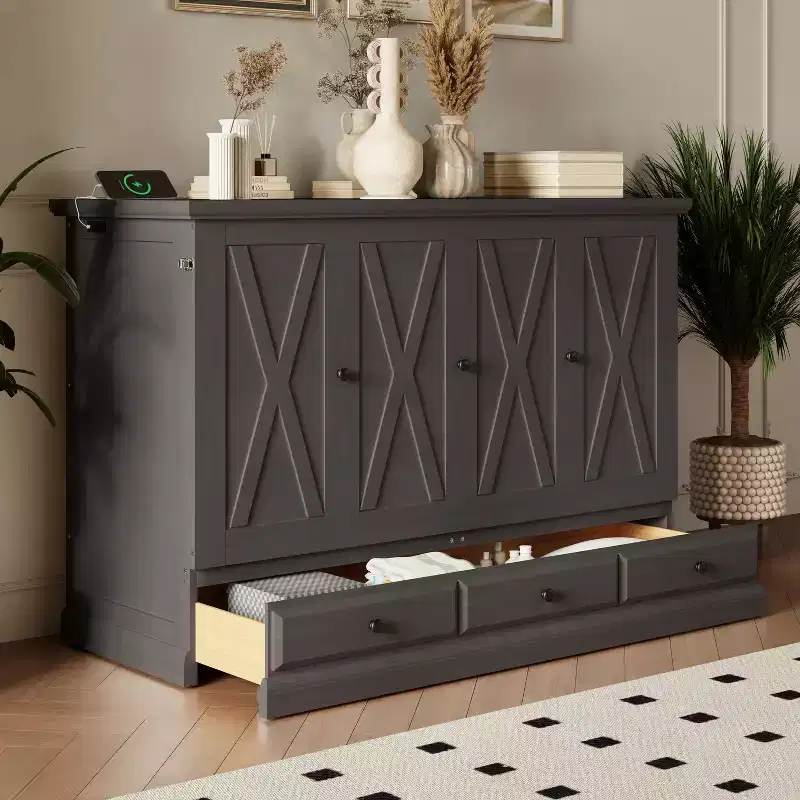 Queen/Full Size Wooden Murphy Bed, Space-Saving Foldable Cabinet Bed with USB Charging Station & Storage Drawers