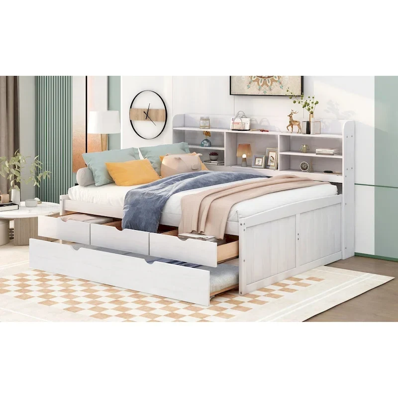 Full Pine Captain Bed with Shelves, Drawers & Trundle
