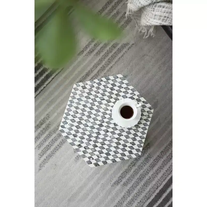 Hexagonal Garden Capiz Stool Accent Table Black White 15x13x17
