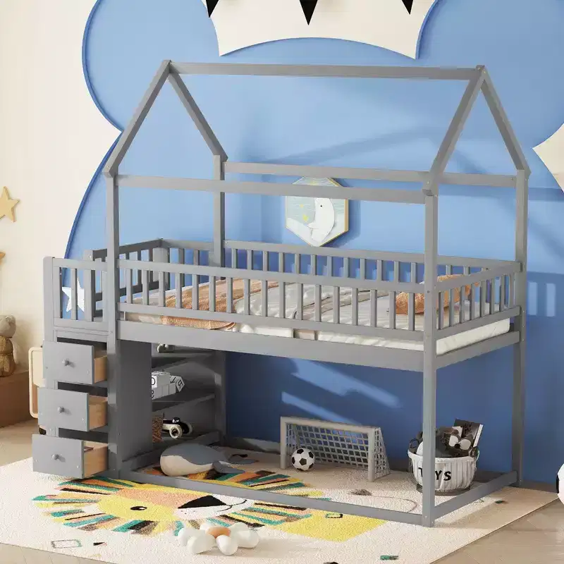 Okak Twin Over Twin Wood House Bunk Bed with Slide & Safety Guardrail Loft Bunk Bed with Ladder for Kids Teens, Easy Assemble