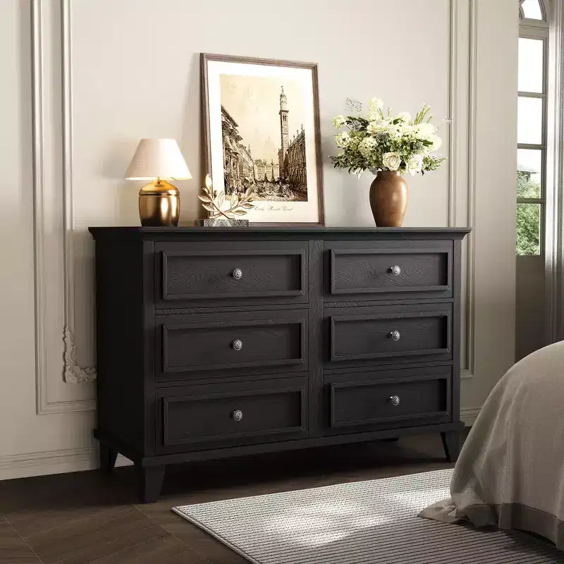 Farmhouse Brown Dresser for Bedroom with 6 Drawer, Double Dresser TV Stand with Vintage Handle, Wide Wood Dressers & Chests of Drawers