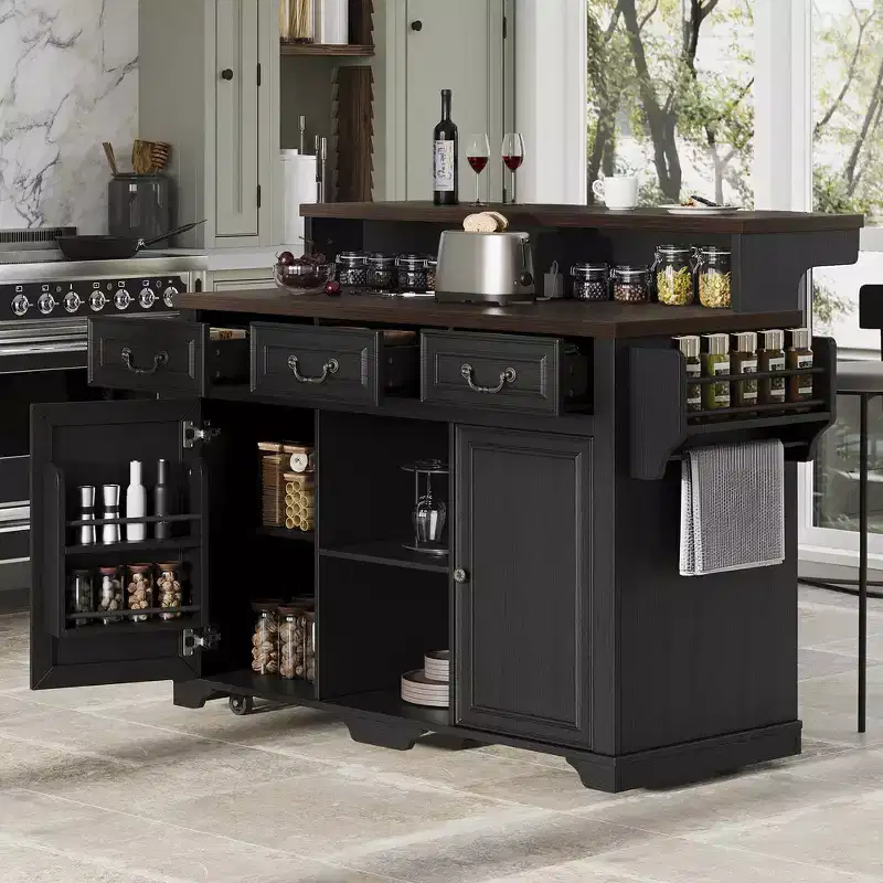Whisen 53.2 Two-Tier Kitchen Island Cart, Rolling Island Table, Bar Cabinet, Farmhouse Kitchen Island with 4 Door Shelves, 3 Drawers