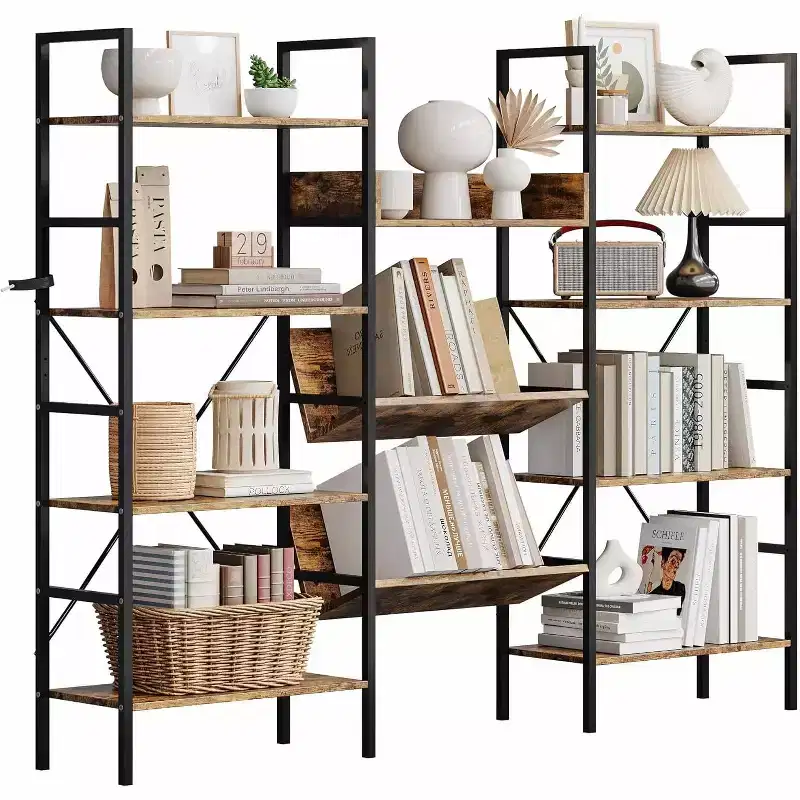 Industrial Bookcase,Triple Wide 4 Tiers Industrial Bookshelf w/Open Display Shelves, Open Record Player Shelves w/Metal Frame for Home Office