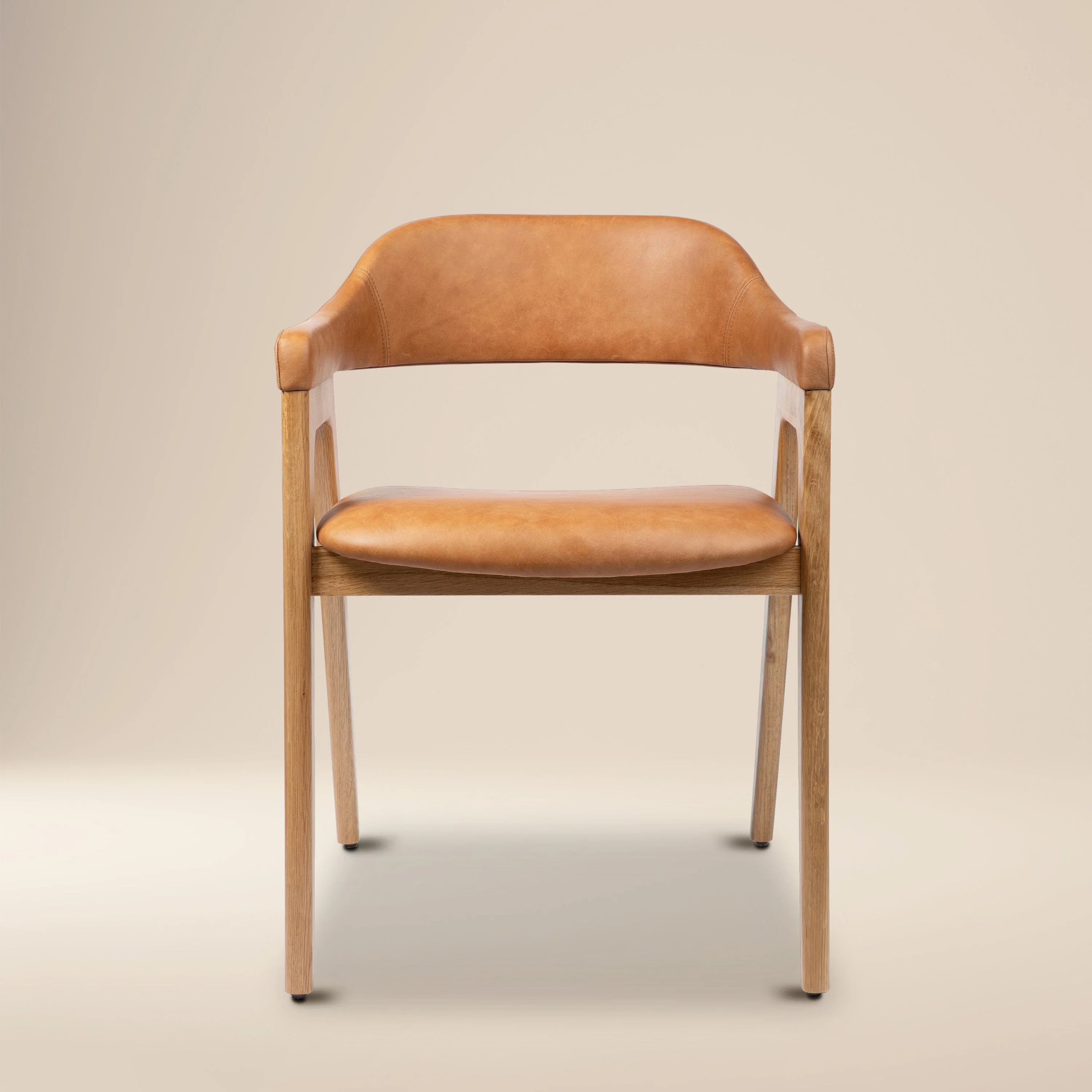 Mid-Century Modern Caramel Tan/Oak Leather Dining Chair