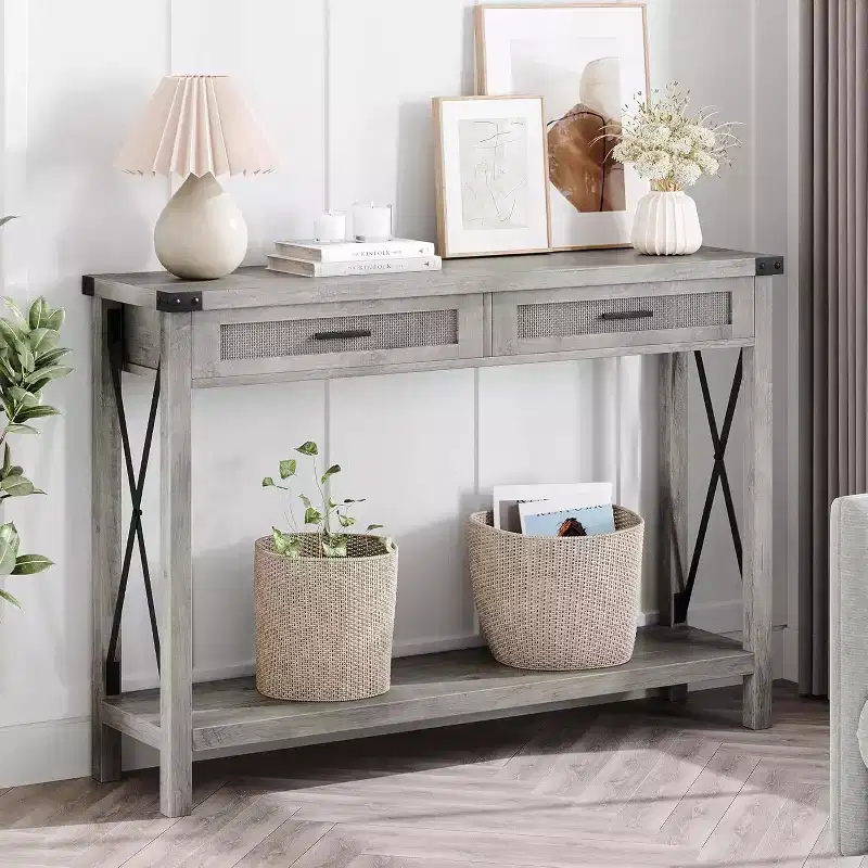 43 Retro Farmhouse Console Table with 2 Drawers, Wood Grain MDF and Metal Frame, Rectangular Entryway Table