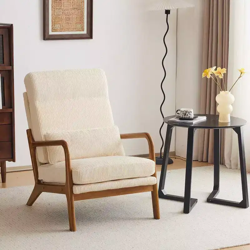 High Back Solid Wood Armrest Backrest Iron Frame Linen Indoor Leisure Chair