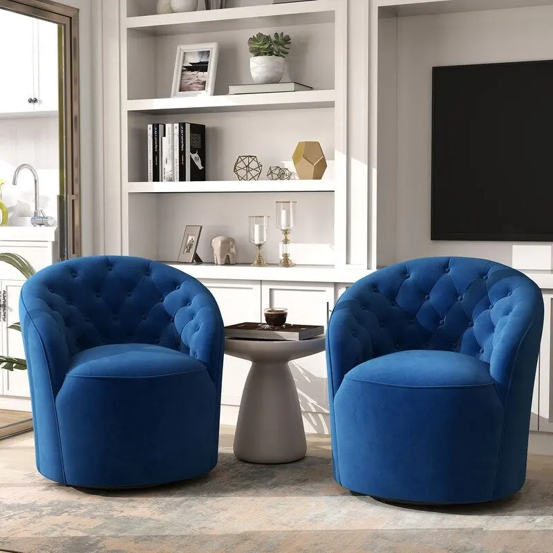 SEYNAR Modern Velvet Upholstered 360 Degree Swivel Barrel Chair with Button Tufted Back Set of 2