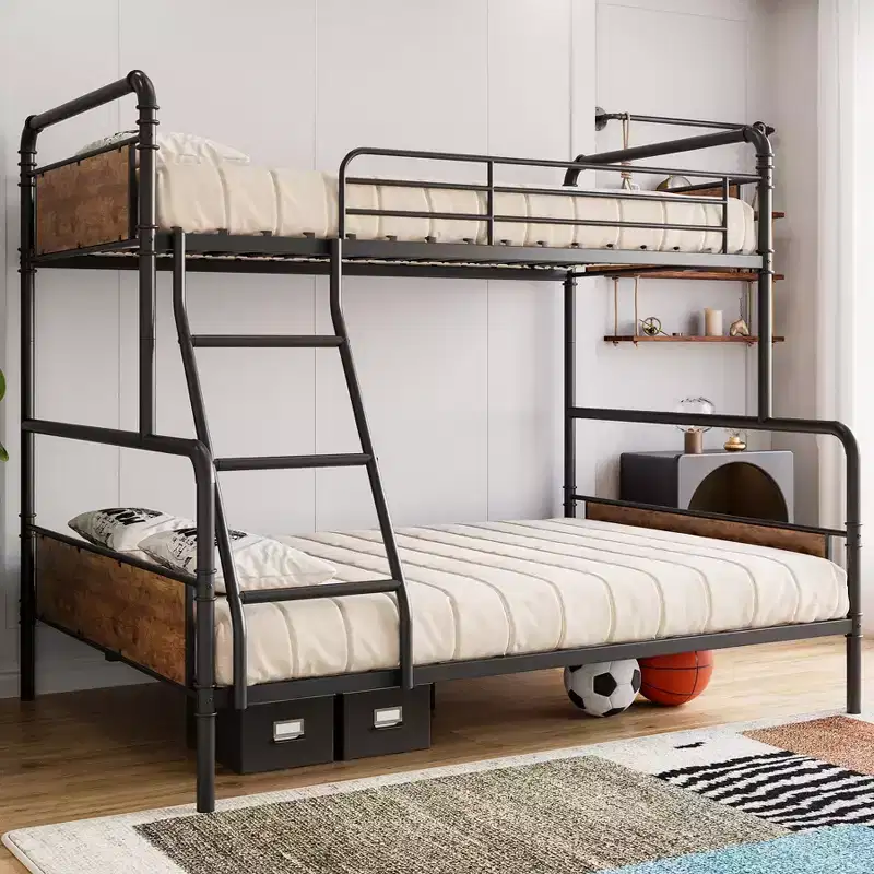 GustoWave Metal Bunk Bed Twin Over Full Size, with Angled Ladder, High Guardrail