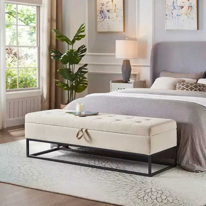 MAYEERTY 58.6 Storage Bed Bench, Uphollstered Bench with Metal Base for Bedroom Living Room Hallway Beige