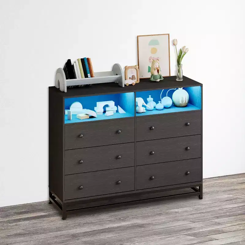 6-Drawer Dresser with Charging Station & LED Lights  Long Wood TV Stand Chest for Bedroom, Living Room or Entryway
