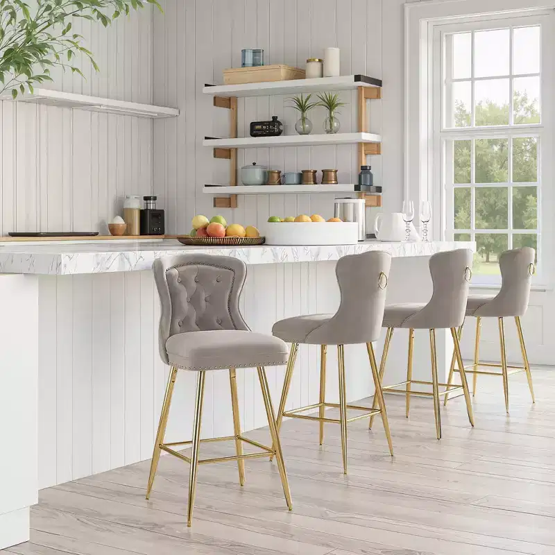 MAYEERTY Gray Velvet Bar Stools Set of 2, Button-Tufted Wing-Back,Metal Legs for Kitchen Island & Pub