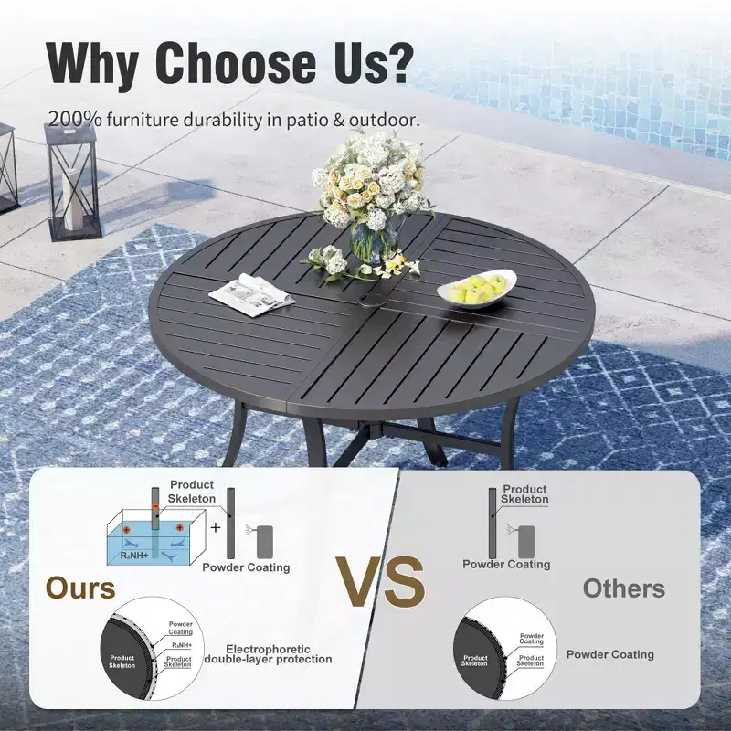 Captiva Designs 7pc Patio Black Slatted Round Steel Table with Umbrella Hole & Grayish Brown Textilene Chairs