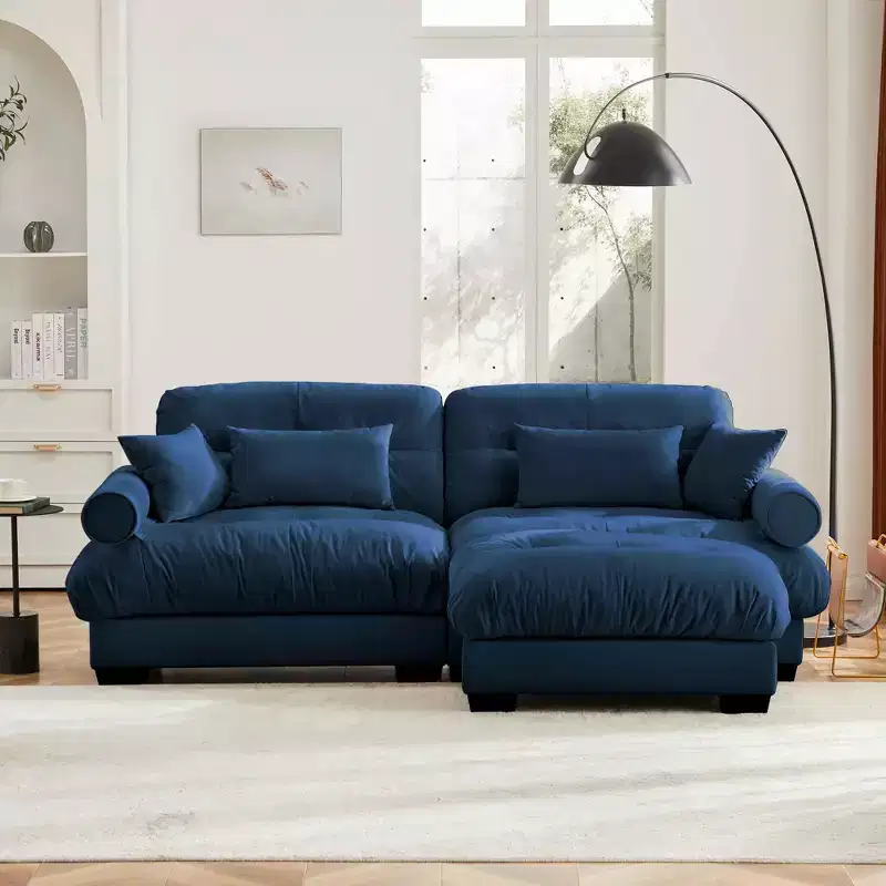 MAYEERTY Modern Two Seater Sofa with Ottoman 2 Round Bolster Armrest Waist Pillows Thrown Pillows for Living Room Blue