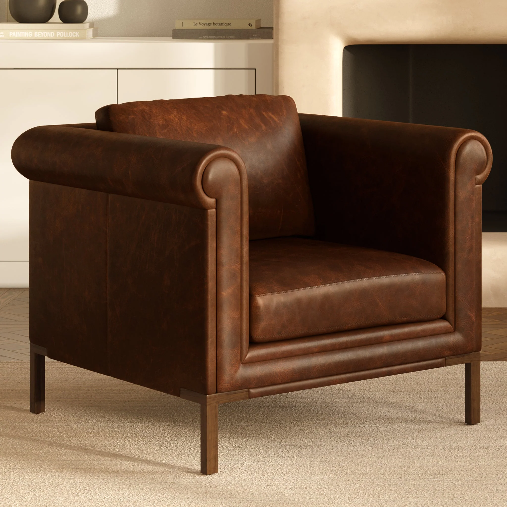 Traditional Chocolate Brown Leather Lounge Chair with Kiln-Dried Wood