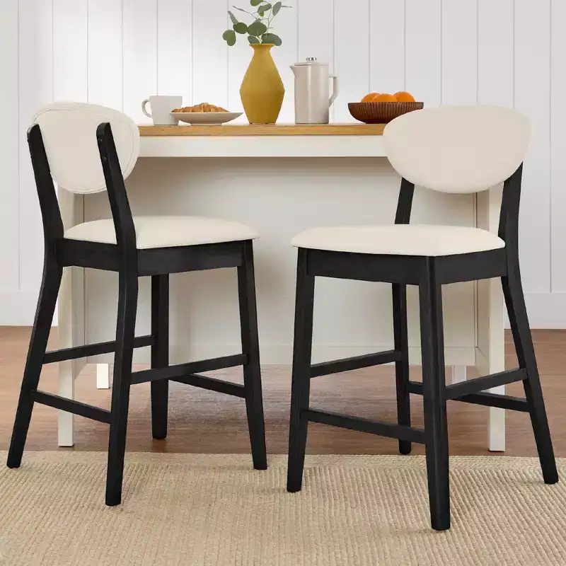 2-Piece Mid-Century Modern Wood and Upholstered Counter Height Bar Stool Set