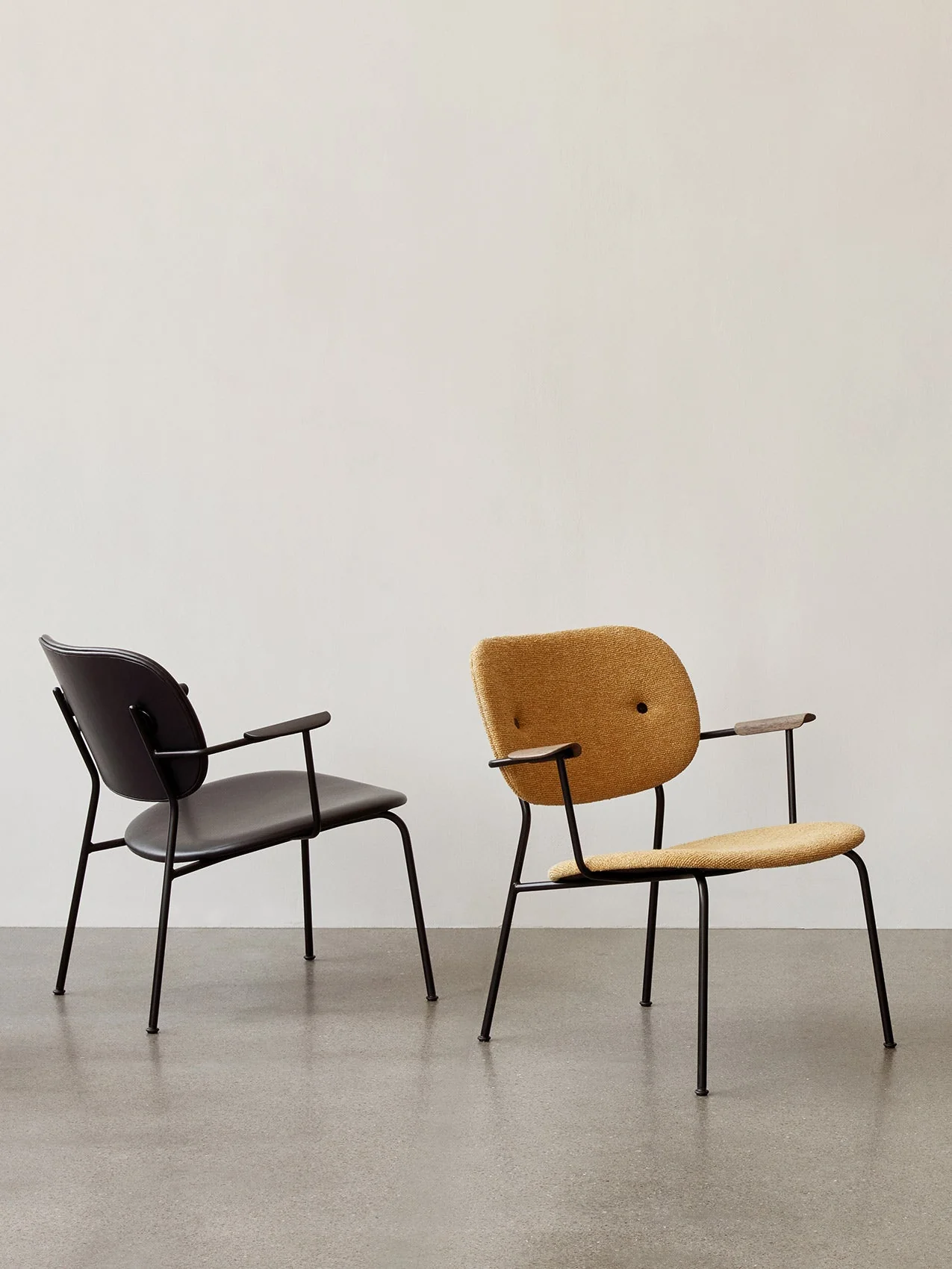 Fully Upholstered Lounge Chair Curved Armrests, Powder-Coated Steel Base